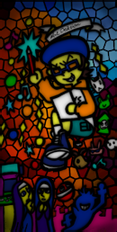 the background image for GLORIA. It's of a stained glass window, featuring MZD front and center, with other characters. MZD is depicted as sitting crosslegged and brandishing a pencil that glows with power, while at the bottom, nuns pray next to a pop'n machine, with his shadow beside them.