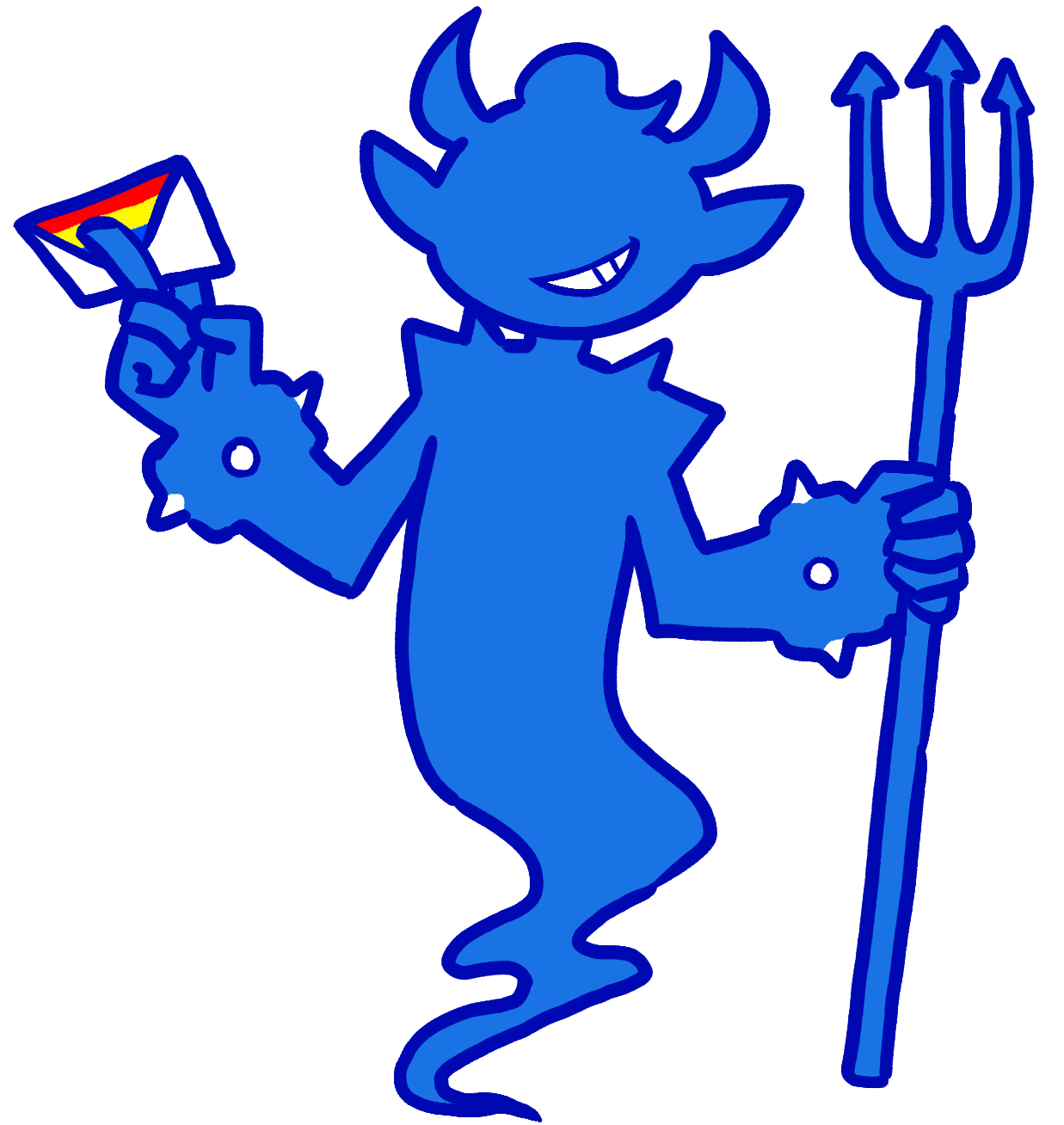 MZD's shadow in a blue hue. They're holding a three-pronged spear in one hand and a letter invitation in the other, grinning.