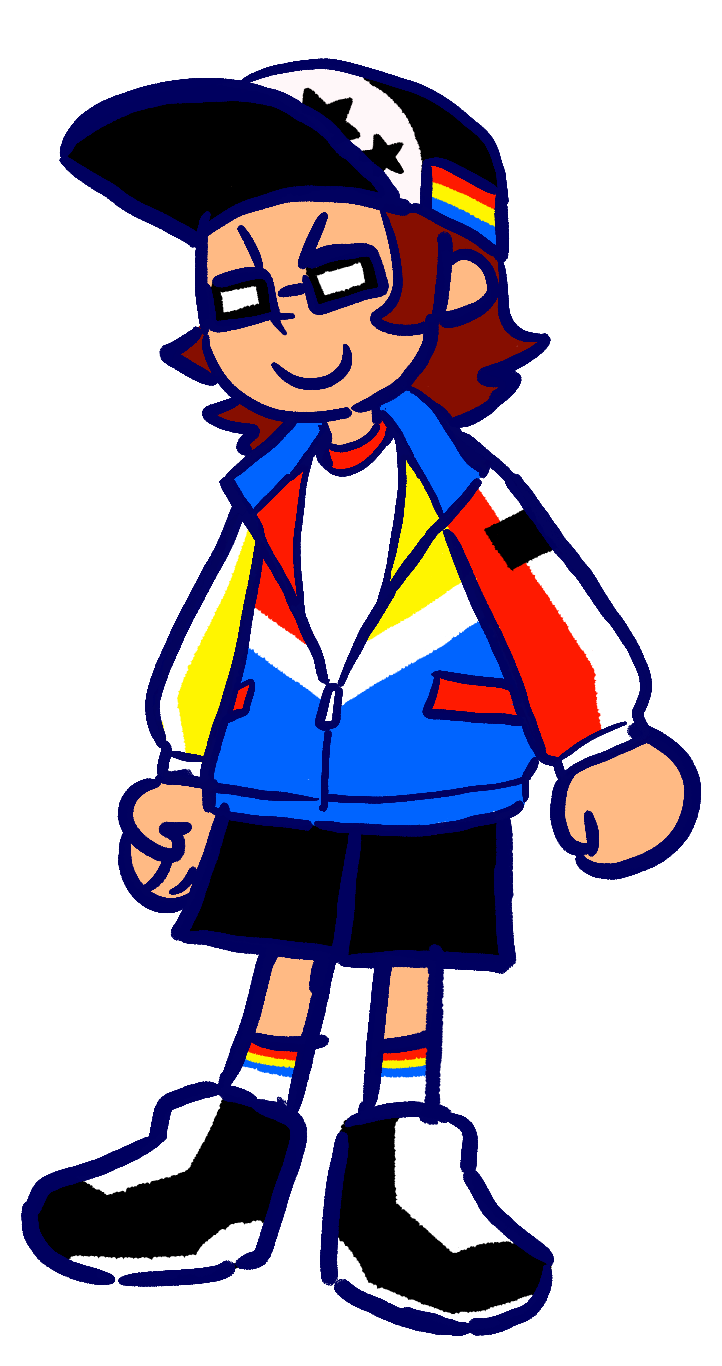 MZD in a special designed club MZD outfit. It's a windbreaker jacket, colorblock style with primary colors and white.