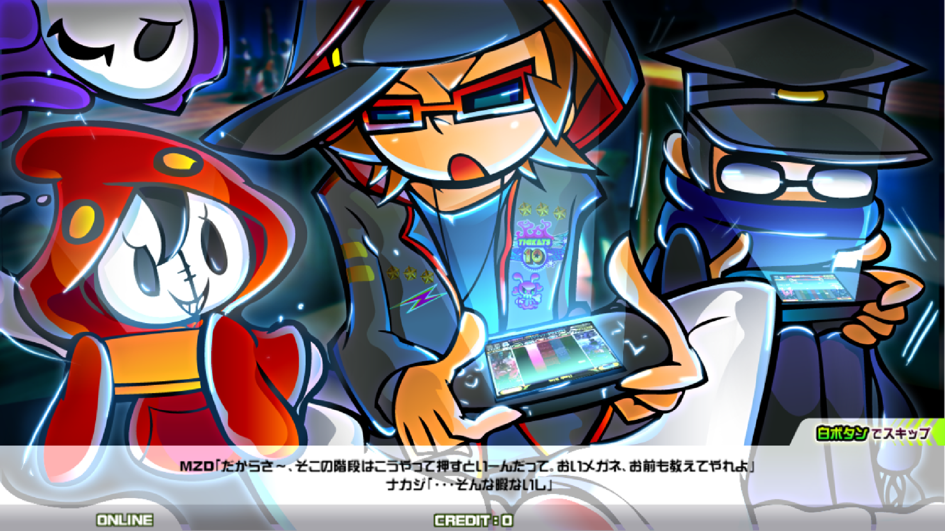 MZD is sitting, hanging out with RGB and Nakaji. They are all playing pop'n portable on PSP.
